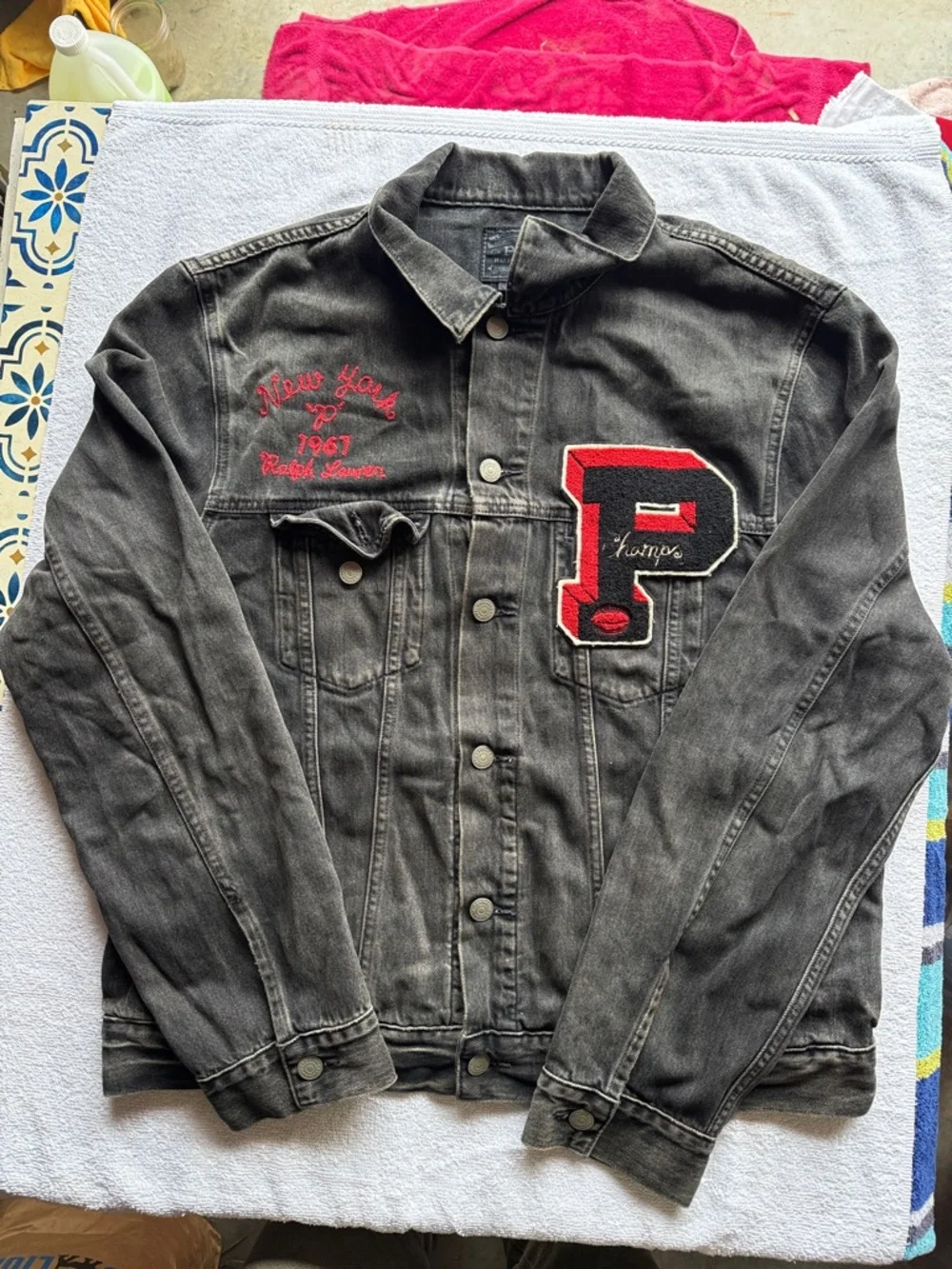 Polo Ralph Lauren RL Varsity Football Bulldog Denim Jacket L - Picture 1 of 16